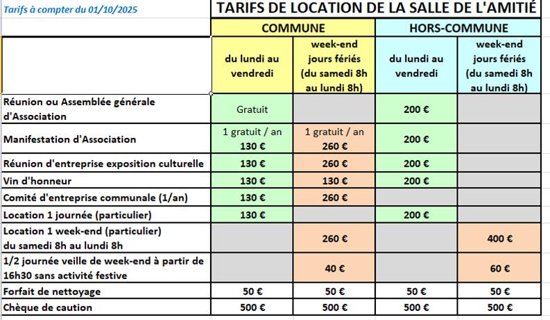 tarifs salle amitié 2025
